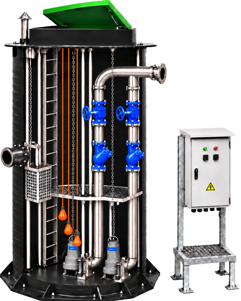 BioTop Pump Station: cross-section of the housing, two submersible pumps, discharge piping, valves, and control cabinet